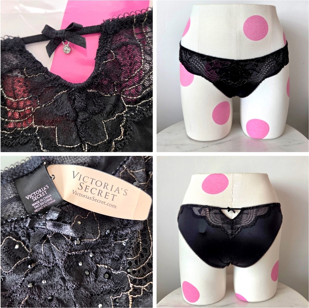 Victoria's Secret VTG Black Lace Bikini Panty NWT Keyhole Rhinestone Crystal HTF